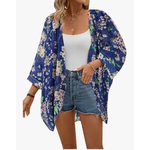 OLRAIN Women L Sheer Floral Artsy Cover‎ Up Kimono Boho Beach Summer Festival
